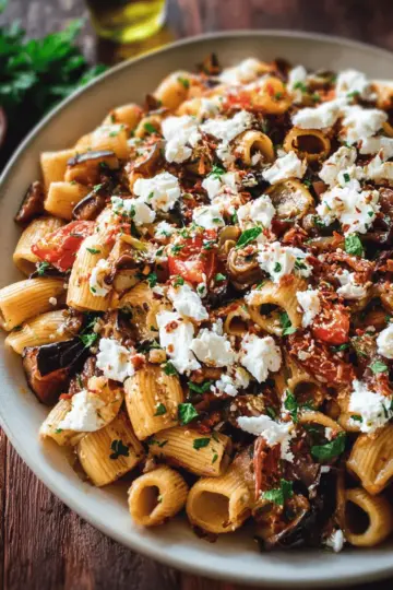 Charred Eggplant Pasta with Tomatoes & Goat Cheese