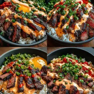 Korean BBQ Steak Rice Bowls with Spicy Cream Sauce
