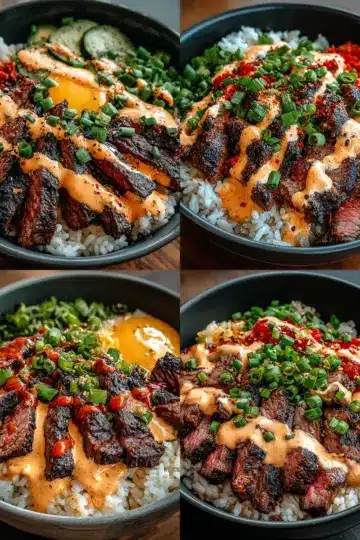 Korean BBQ Steak Rice Bowls with Spicy Cream Sauce
