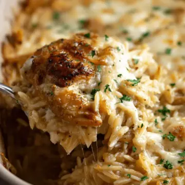 French Onion Chicken Orzo Casserole