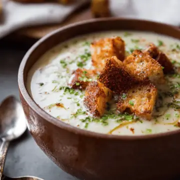 Roasted Garlic Potato Soup with Grilled Cheese Croutons