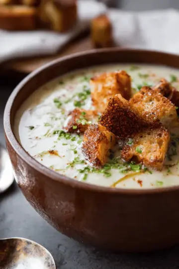 Roasted Garlic Potato Soup with Grilled Cheese Croutons