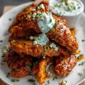 Sticky Chicken Fingers with Yogurt Blue Cheese Sauce.