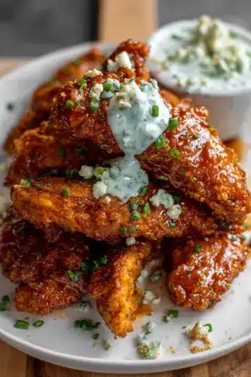 Sticky Chicken Fingers with Yogurt Blue Cheese Sauce.