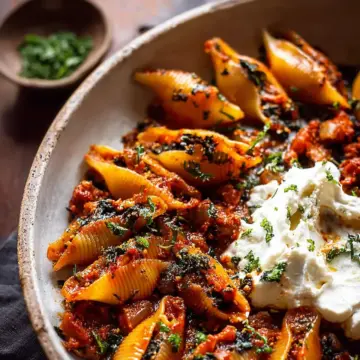 Unstuffed Spicy Tomato Basil Shells with Whipped Ricotta.