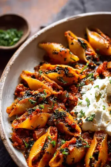 Unstuffed Spicy Tomato Basil Shells with Whipped Ricotta.