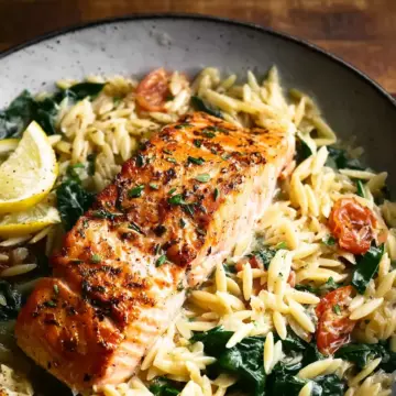 One Skillet Salmon with Lemon Orzo