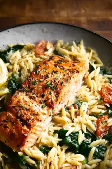 One Skillet Salmon with Lemon Orzo