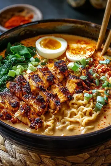 Fiery Chicken Ramen w/ Creamy Garlic Sauce