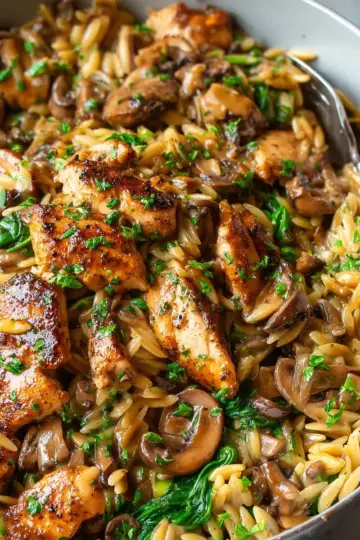 Chicken Marsala with Creamy Spinach & Pea Orzo