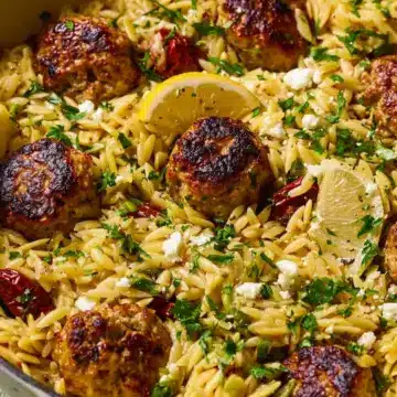 One-Pan Greek Chicken Meatballs and Lemon Orzo