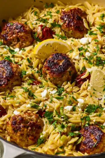 One-Pan Greek Chicken Meatballs and Lemon Orzo