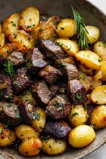 Garlic Butter Herb Steak Bites and Potatoes