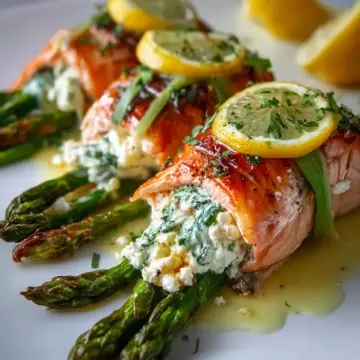 Asparagus and Lemon Basil Ricotta Stuffed Salmon Rolls with Lemon Sauce
