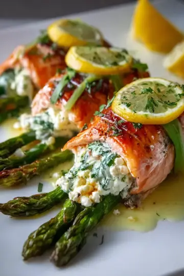 Asparagus and Lemon Basil Ricotta Stuffed Salmon Rolls with Lemon Sauce