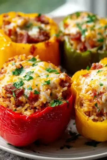 Kielbasa Stuffed Bell Peppers with Cheesy Beef Rice Filling