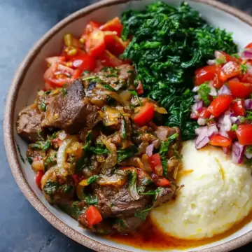 Kenyan Goat Wet Fry, Collard Greens, Tomato and Onion Salad, and Maize Porridge