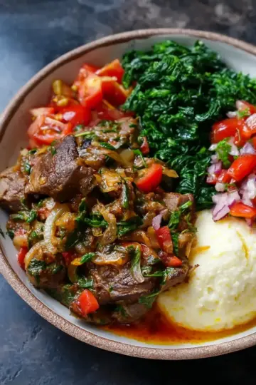 Kenyan Goat Wet Fry, Collard Greens, Tomato and Onion Salad, and Maize Porridge